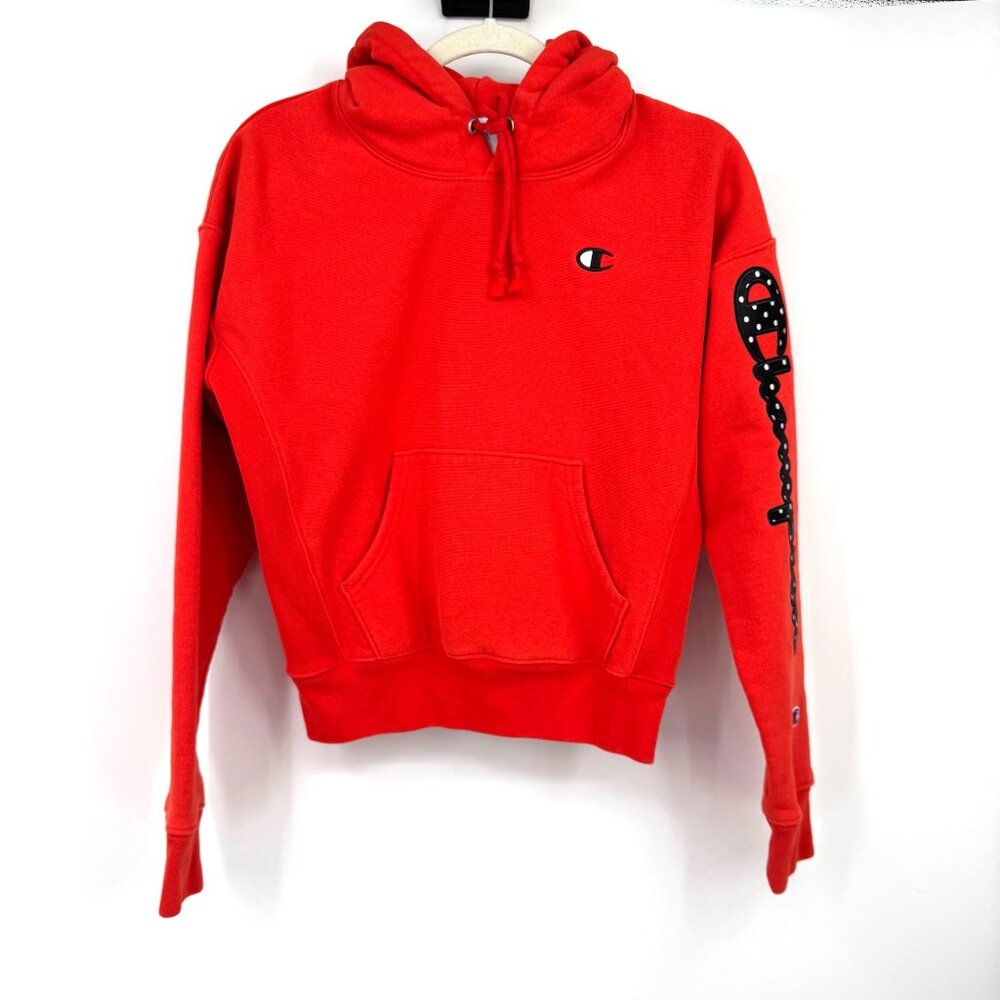 Champion Hoodie Womens Small Orange Reverse Weave Spellout Pullover Orange black